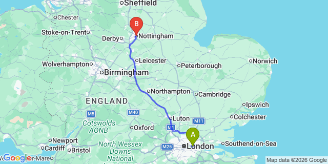 Map: London City Airport (LCY) to Nottingham