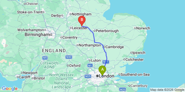 Map: London City Airport (LCY) to Oakham