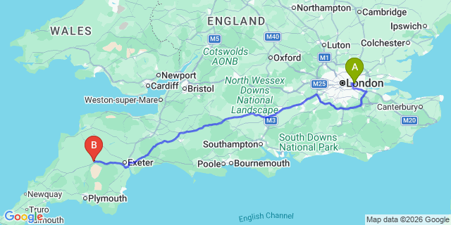Map: London City Airport (LCY) to Okehampton