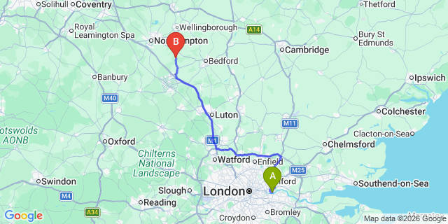 Map: London City Airport (LCY) to Olney