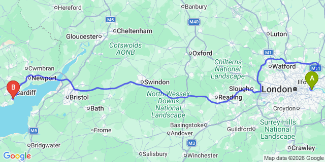 Map: London City Airport (LCY) to Penarth