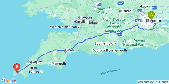 Map: London City Airport (LCY) to Penzance