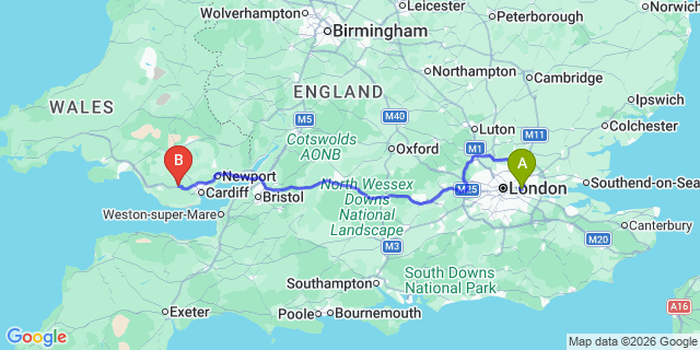 Map: London City Airport (LCY) to Pontyclun