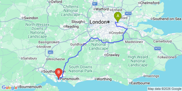Map: London City Airport (LCY) to Portsmouth
