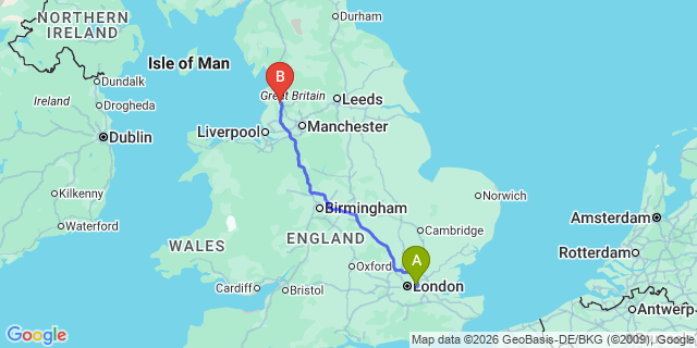 Map: London City Airport (LCY) to Preston