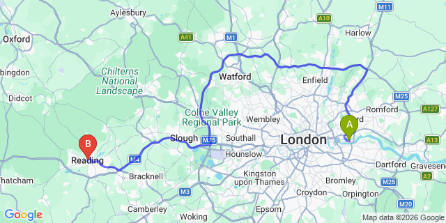 Map: London City Airport (LCY) to Reading