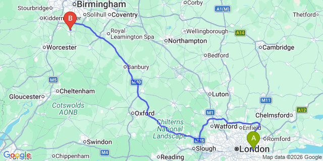 Map: London City Airport (LCY) to Redditch
