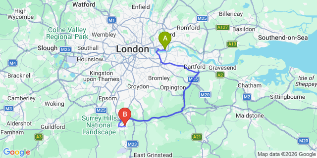 Map: London City Airport (LCY) to Redhill