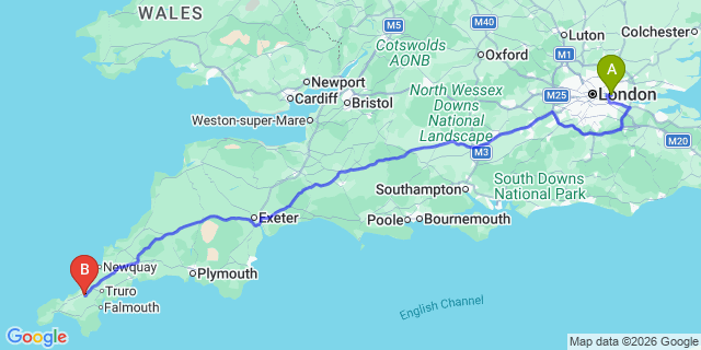 Map: London City Airport (LCY) to Redruth