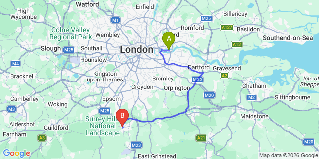 Map: London City Airport (LCY) to Reigate