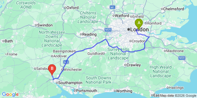 Map: London City Airport (LCY) to Romsey