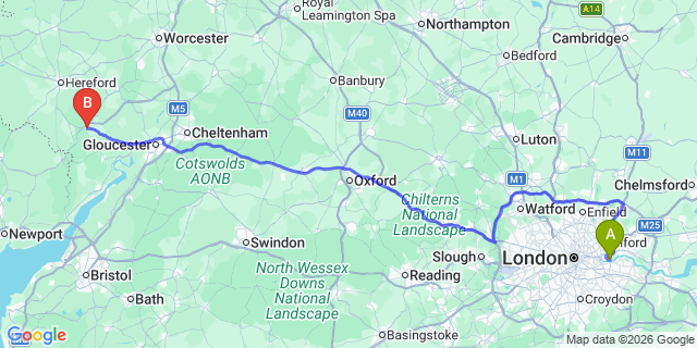 Map: London City Airport (LCY) to Ross-On-Wye