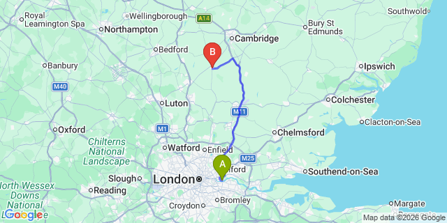 Map: London City Airport (LCY) to Royston