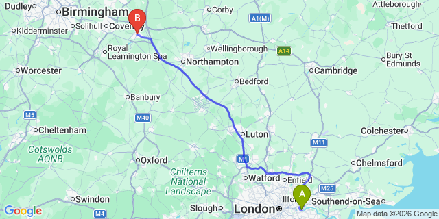 Map: London City Airport (LCY) to Rugby