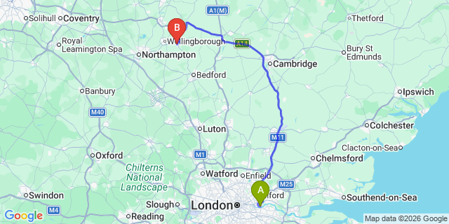 Map: London City Airport (LCY) to Rushden