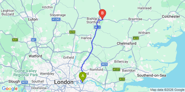 Map: London City Airport (LCY) to Saffron Waldon