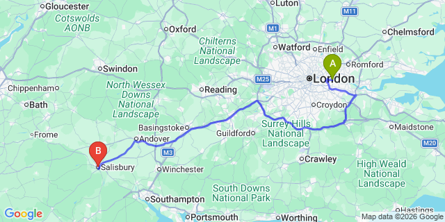 Map: London City Airport (LCY) to Salisbury