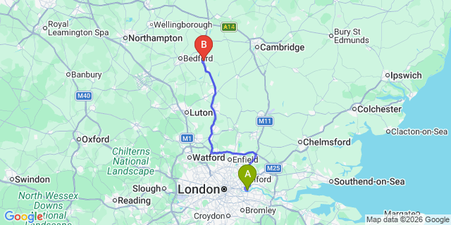 Map: London City Airport (LCY) to Sandy