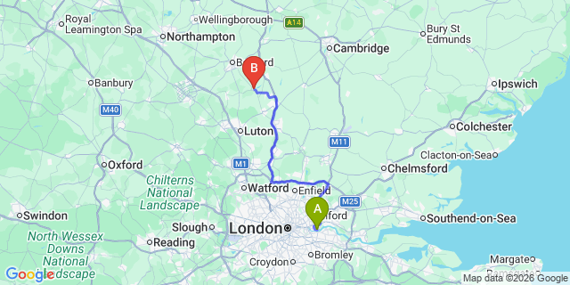 Map: London City Airport (LCY) to Shefford