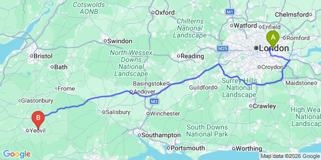 Map: London City Airport (LCY) to Sherborne