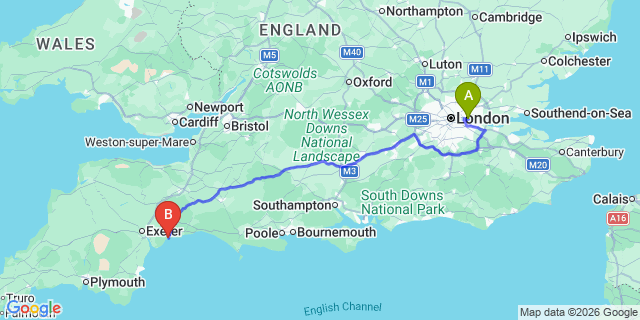 Map: London City Airport (LCY) to Sidmouth