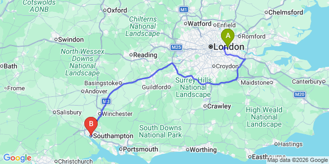 Map: London City Airport (LCY) to Southampton