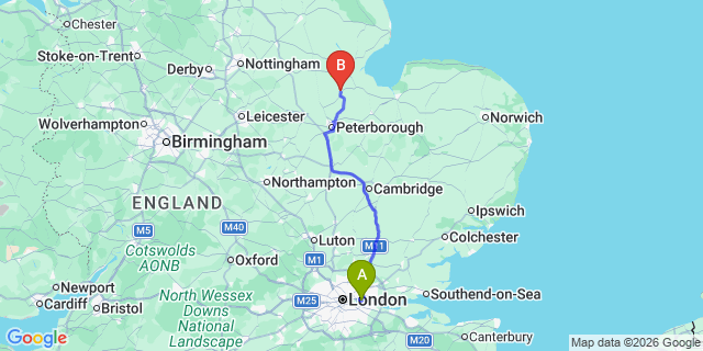 Map: London City Airport (LCY) to Spalding