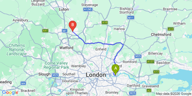 Map: London City Airport (LCY) to St.Albans