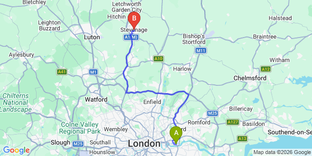 Map: London City Airport (LCY) to Stevenage