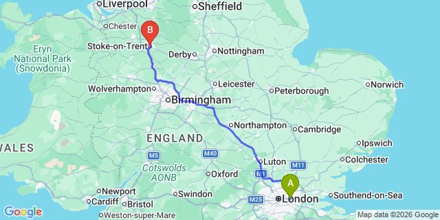 Map: London City Airport (LCY) to Stoke-On-Trent