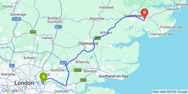 Map: London City Airport (LCY) to Stowmarket
