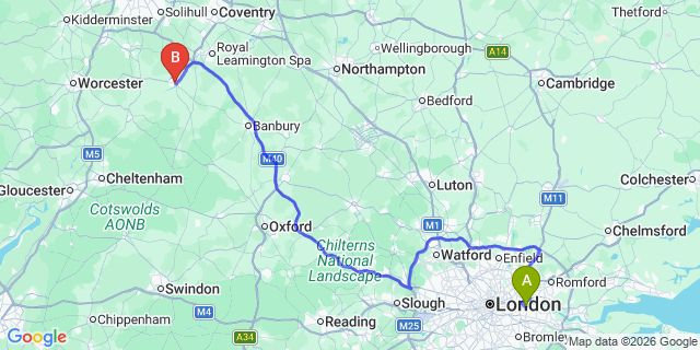 Map: London City Airport (LCY) to Stratford-Upon-Avon