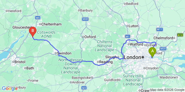 Map: London City Airport (LCY) to Stroud