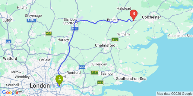 Map: London City Airport (LCY) to Sudbury
