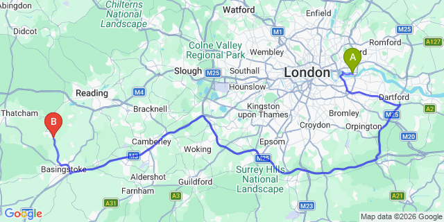 Map: London City Airport (LCY) to Tadley
