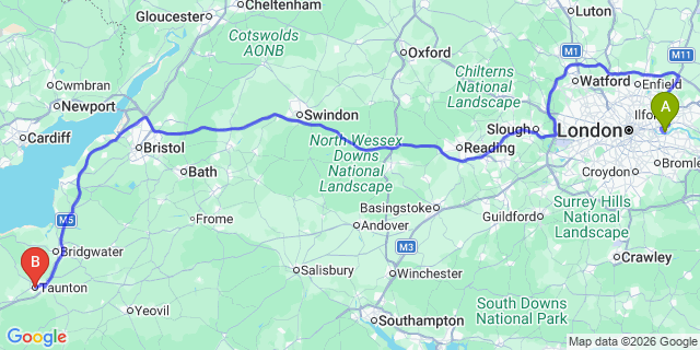 Map: London City Airport (LCY) to Taunton