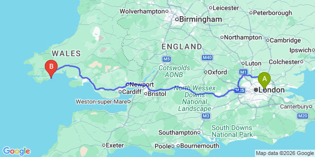 Map: London City Airport (LCY) to Tenby