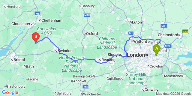 Map: London City Airport (LCY) to Tetbury