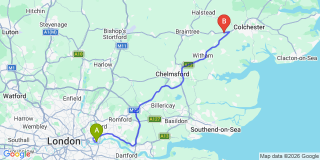 Map: London City Airport (LCY) to Thetford