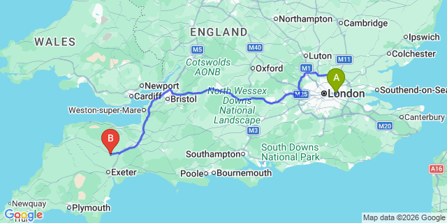 Map: London City Airport (LCY) to Tiverton