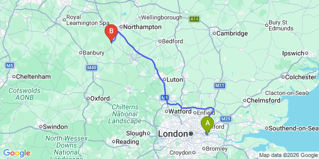 Map: London City Airport (LCY) to Towcester