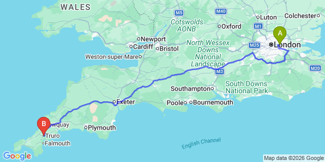 Map: London City Airport (LCY) to Truro