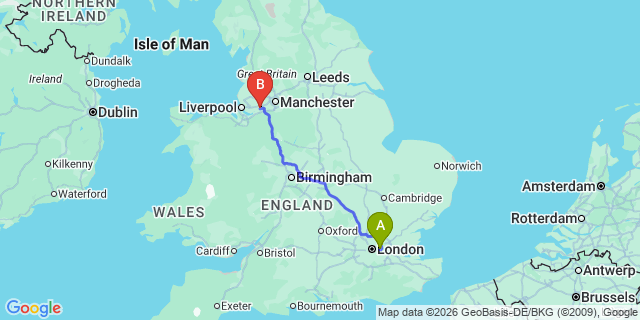 Map: London City Airport (LCY) to Warrington
