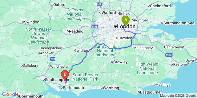 Map: London City Airport (LCY) to Waterlooville
