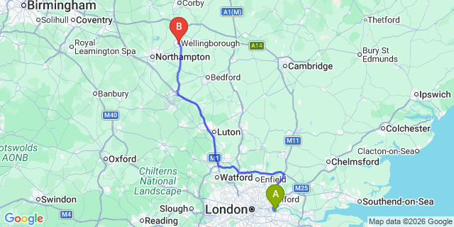 Map: London City Airport (LCY) to Wellingborough