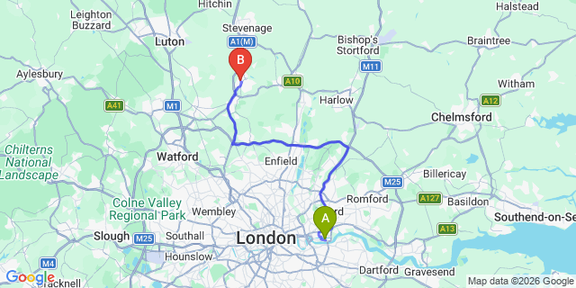 Map: London City Airport (LCY) to Welwyn Garden City