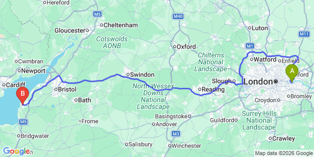 Map: London City Airport (LCY) to Weston-Super-Mare