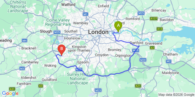 Map: London City Airport (LCY) to Weybridge