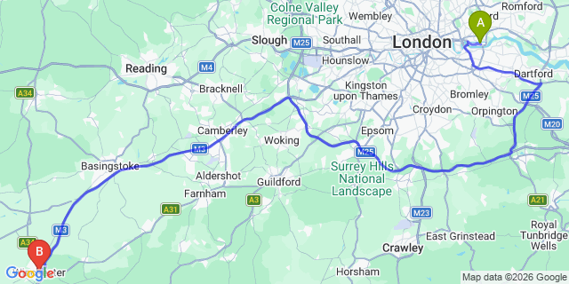 Map: London City Airport (LCY) to Winchester