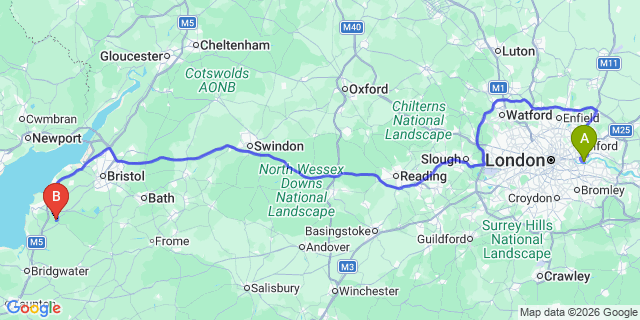 Map: London City Airport (LCY) to Winscombe